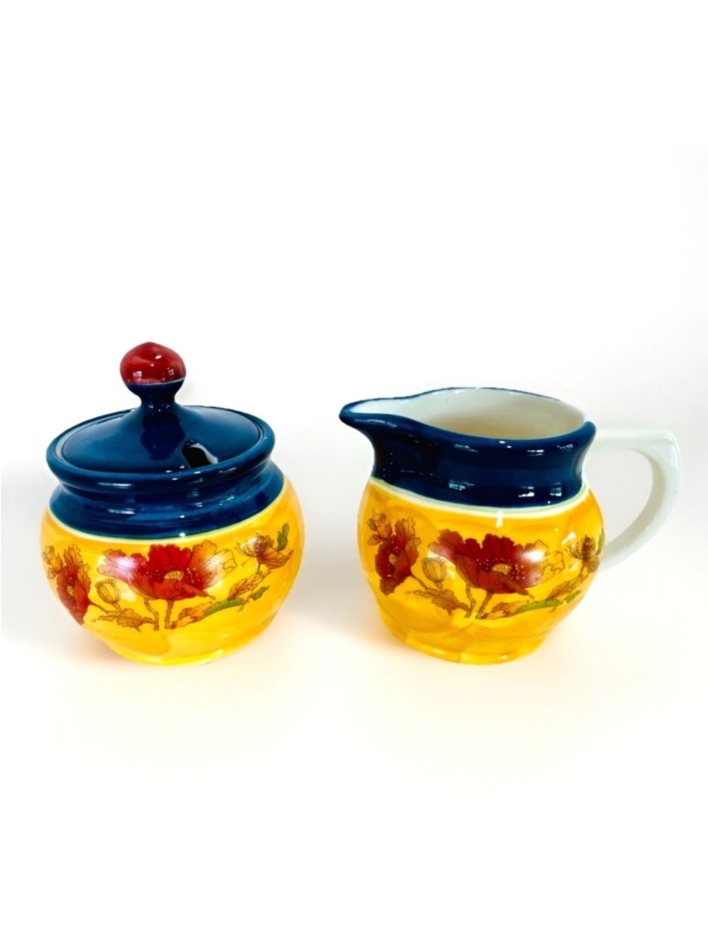 Robert Gordon Australia WILD POPPY Yellow/Blue/Orange Creamer & Sugar Bowl